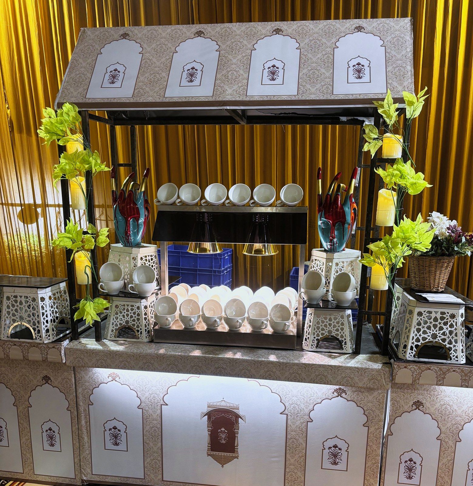 Tea cart set inside a carved jharokha