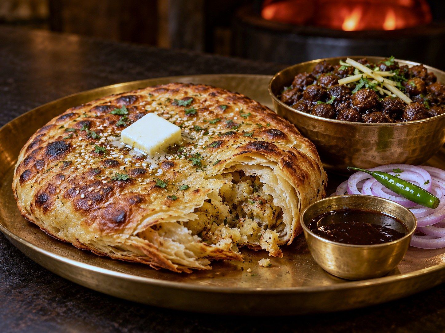 Illustration of an Amritsari aloo kulcha with butter, served with dark chole, onion and tamarind chutney