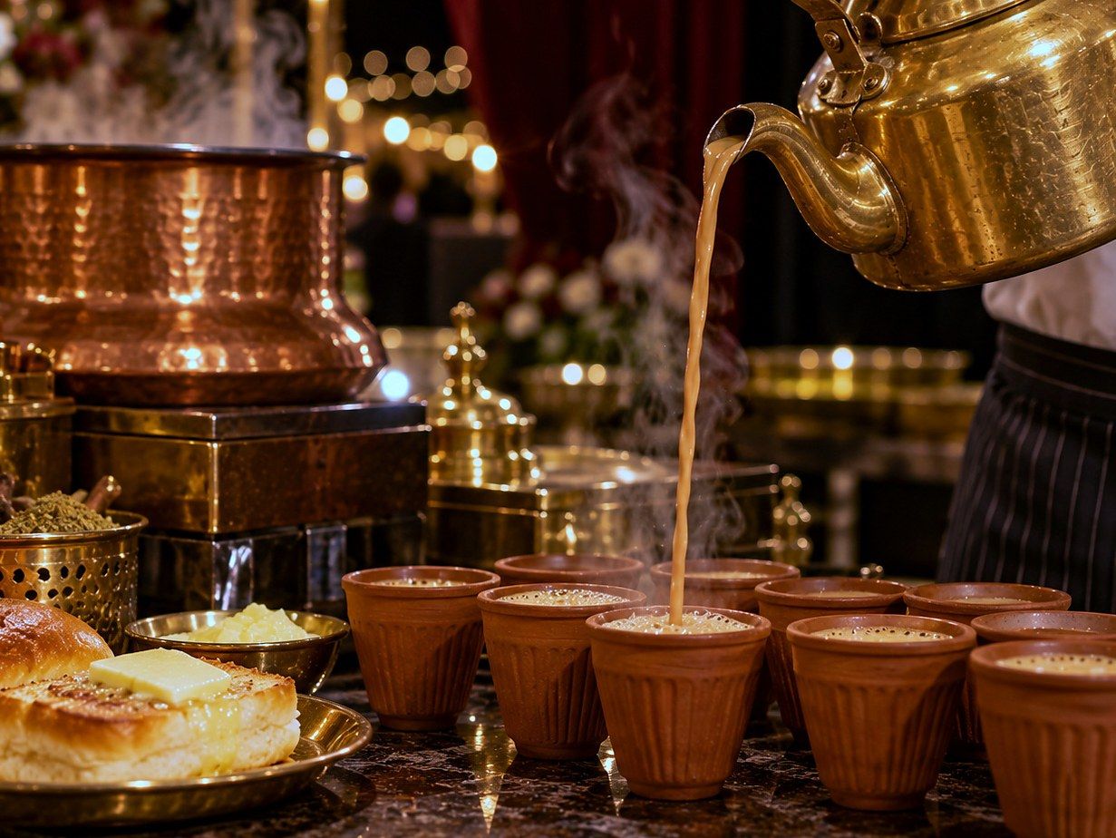 Illustration of chai poured from a brass kettle into kulhads, with bun maska