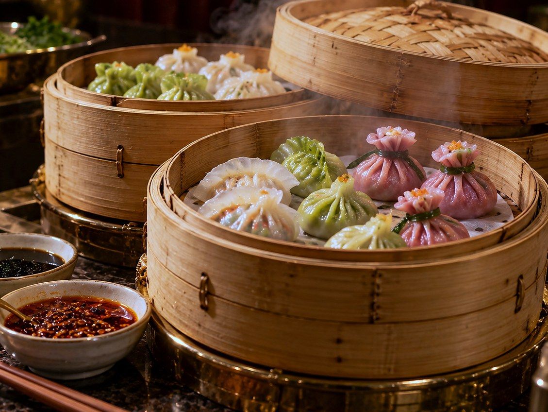 Illustration of bamboo steamers of dim sum at a live counter
