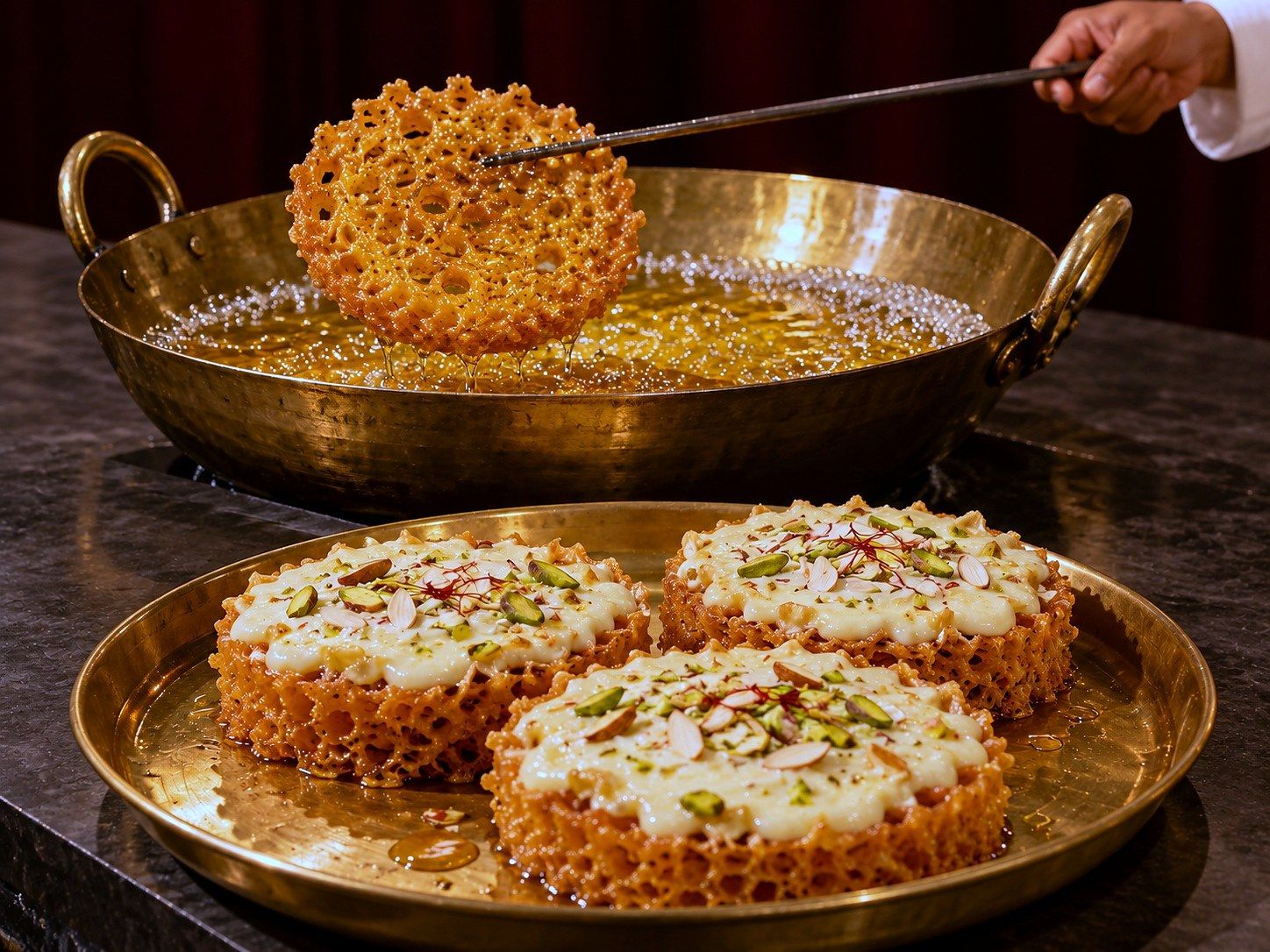 Illustration of a ghewar lifted from a brass kadhai of ghee, beside three more topped with rabdi, pistachio and saffron