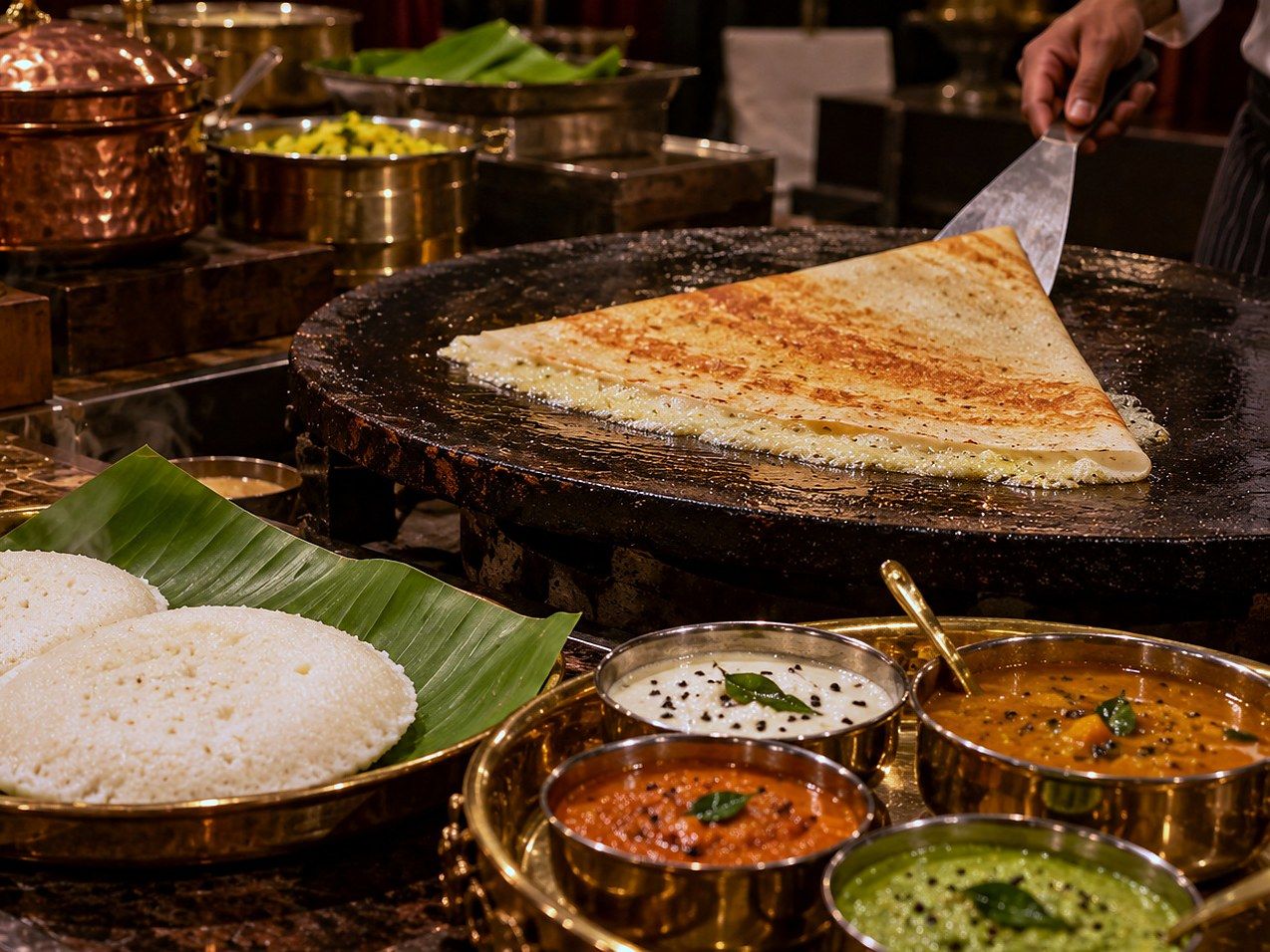 Illustration of a South Indian live counter: dosa, thatte idli and chutneys