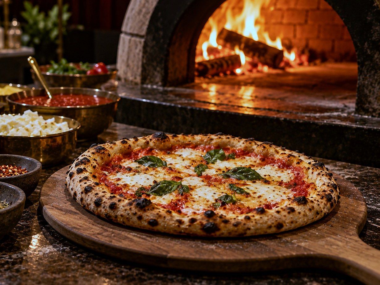 Illustration of a wood-fired pizza at the oven mouth