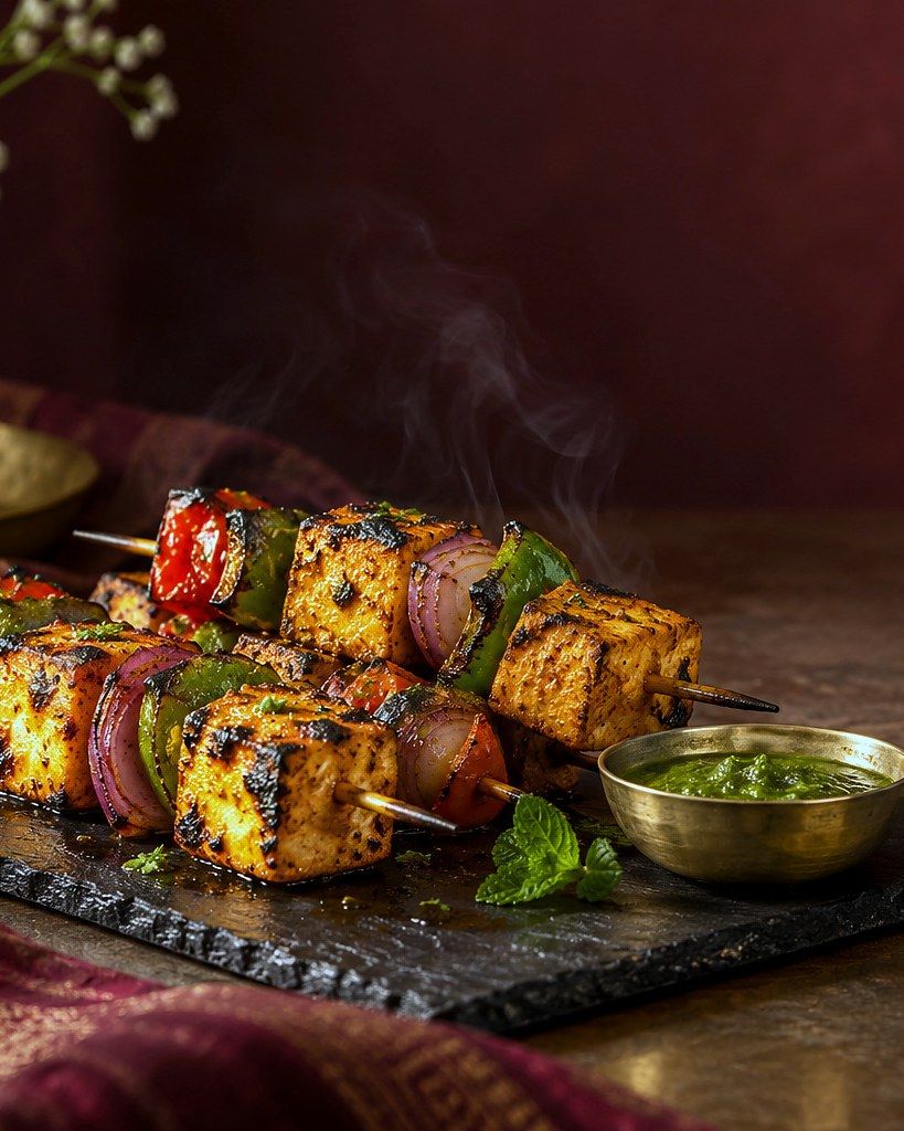Illustration of paneer tikka skewers on slate, with mint chutney in a brass bowl