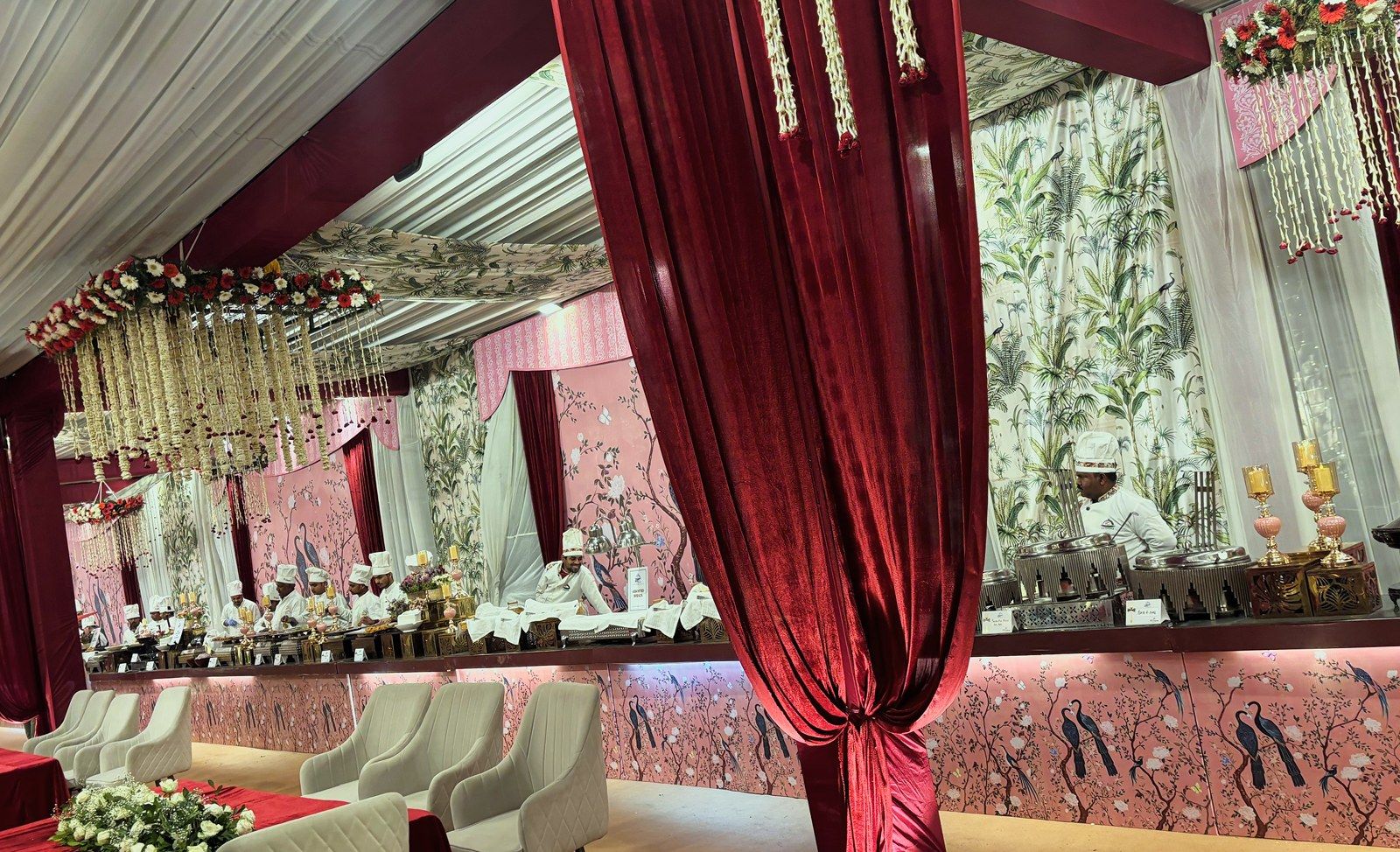 Red drapes and a pink buffet