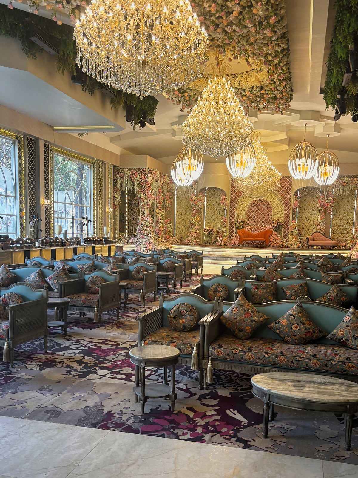 Chandelier lounge set for a wedding reception
