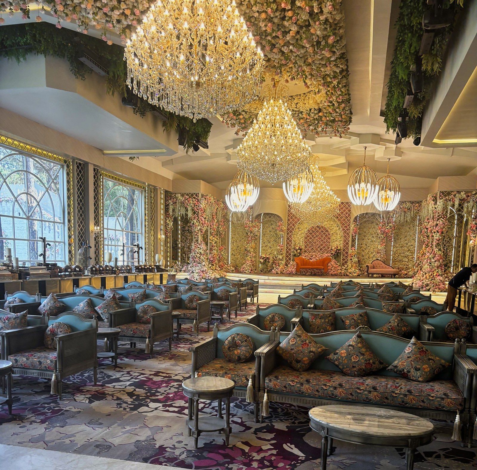 Chandelier lounge set for a wedding reception